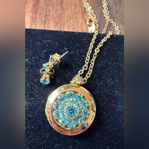 Avon Birthstone Locket March Simulated Aquamarine Blue Rhinestone Necklace